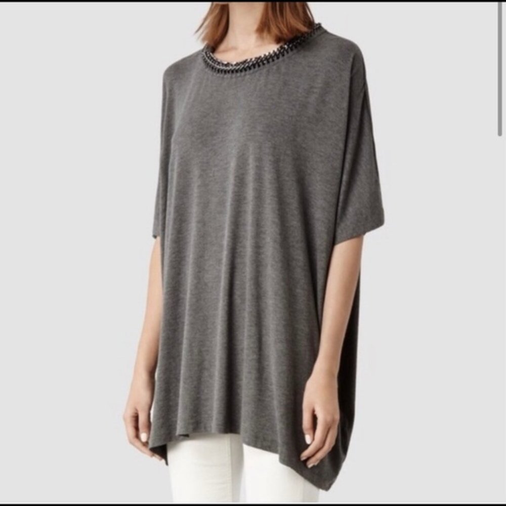 All Saints Gray Embellished Neck Oversized Top